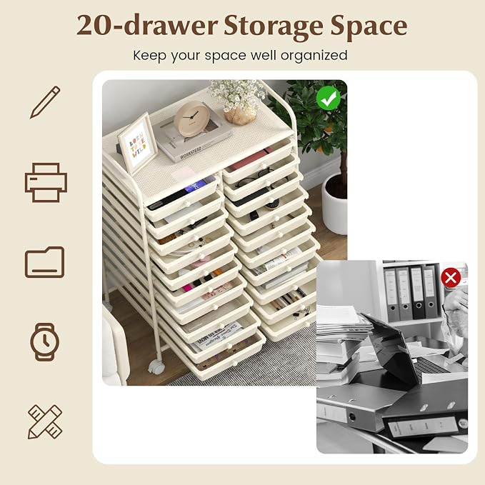 GOFLAME 20-Drawer Rolling Storage Cart, Multifunctional Art Craft Organizer, Mobile Utility Storage with Removable Drawers & Lockable Wheels, Craft Cart for Home Office, White - Image 4