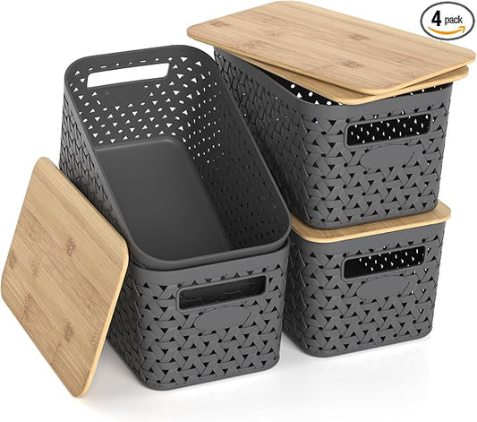Plastic Storage Bins with Bamboo Lids, Stackable Small Box Baskets for Organizing and Containers for Shelves Drawers Desktop Closet Pantry Classroom Office Home, 4 Pack 12x7.3x6.2 Inch, Gray by ZFTMRR