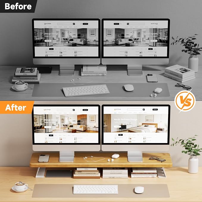 Dual Monitor Stand Riser, 39 Inch Large Wood Monitor Stands for 2 Monitors | Desk Monitor Riser for Computer/Laptop/Printer/TV, Stand Riser up to 220 lbs, Oak - Image 8