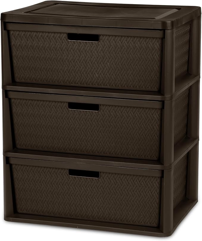 Brown Storage Drawer, 3 Drawer Plastic Weave Wide Tower with Pull Handles by Unknown