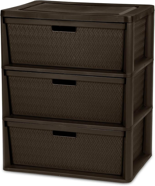 Brown Storage Drawer, 3 Drawer Plastic Weave Wide Tower with Pull Handles by Unknown