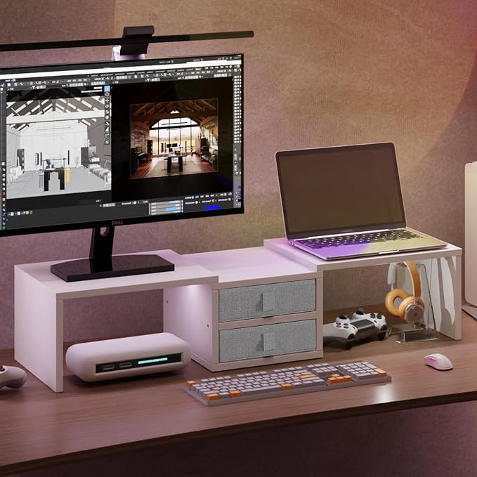 TEAMIX Dual Monitor Stand Riser with 2 Drawers - Length and Angle Adjustable White Monitor Stand with Storage Large Computer Riser for 2 Monitors/Laptop/PC, Wood Screen/TV Stand Desk Organizer - Image 7