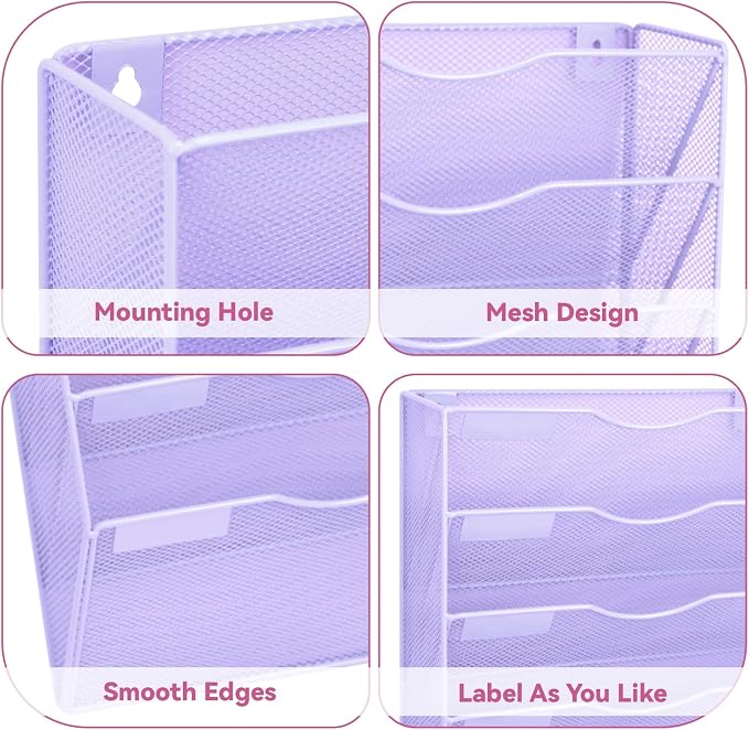 8 Pockets Mesh Wall File Holder Organizer Office Hanging File Folder Magazine Rack, Nametag Label Hooks Set Included (Purple) - Image 3