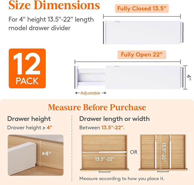 Lifewit 4" High Upgrade Drawer Divider, Adjustable Drawer Organizer Clothes | 13.5"-22" Expandable Plastic Drawer Separator for Dresser, Kitchen, Closet, Nursery, Office Organization & Storage, 12 Pack - Image 2