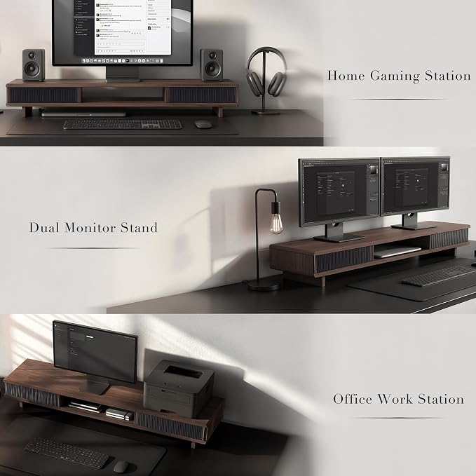 Dual Monitor Stand Riser with Storage Drawer for Desk Organization | Fits Dual 32" Monitors, Walnut Finish, Hidden Storage, Ergonomic Height, Holds 110lbs, No Flex, Quick Setup - Image 5