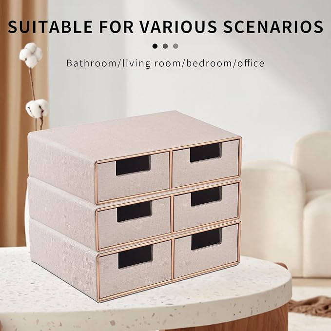 Linen Leather Desk Organizer with Drawers－Mini Desktop Drawer Organizer Stackable－Multifunctional Tabletop Organization Storage Box for Office Supplies Home Vanity Toiletries (Beige, 2-drawers) - Image 5