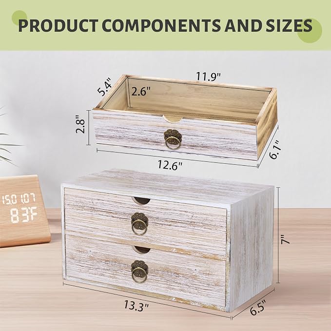 Wood Desk Organizer, Vintage Brown Wooden Desktop Organizer with Drawer, Tabletop Storage Organization Box for Countertop, Home Office Supplies, Bills, 13.3 x 6.5 x 7 Inches(2 Drawer) - Image 3
