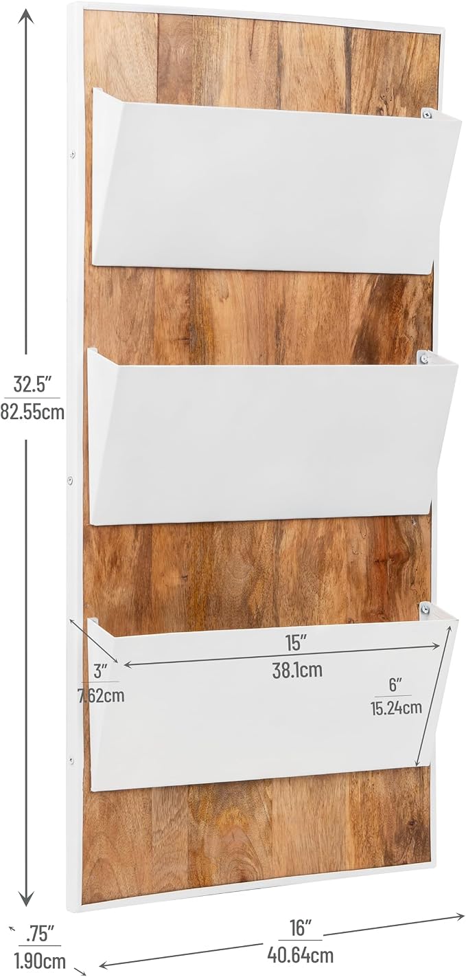 Mind Reader 3-Tier Wall-Mounted File Organizer, Wood and Metal Vertical Rack for Mail, Magazines, and Documents, Metal, Wood, White - Image 3