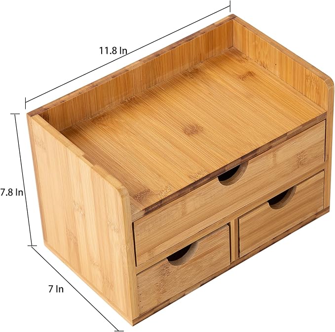 Rustic Bamboo Desk Organizer with Drawers,3-Drawer Desktop Storage Box | 3 Drawers Mini Open Top Shelf Pens, Notes, Makeup, Jewelry & Toiletries for Office, Bath Toiletries Vanity Office Supplies - Image 3