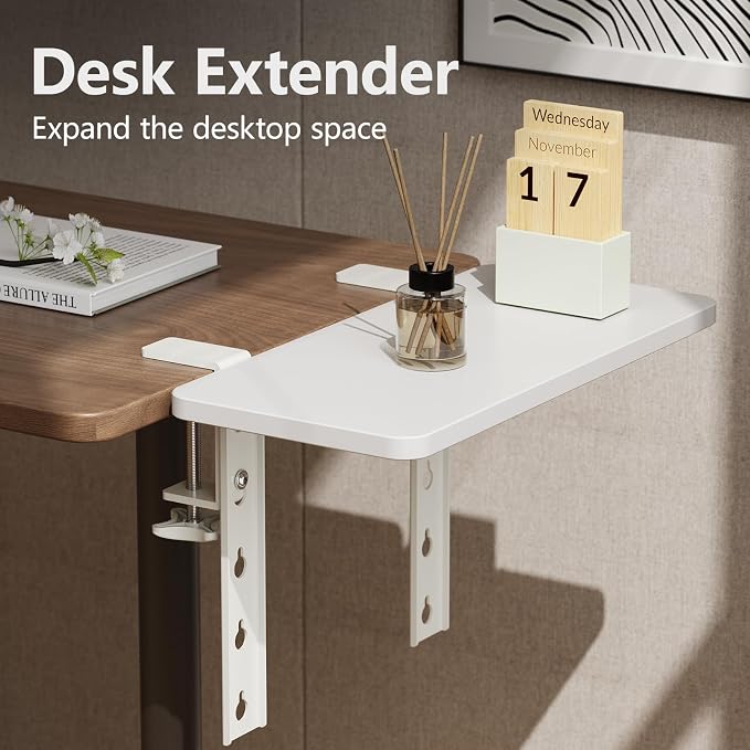 3 in 1 Clamp-on Desk Extender Shelf, 15.7×7.5 Inch, White | Adjustable Desk Riser for Monitor & Keyboard, Heavy-Duty Side/Top Desk Organizer Shelf, Desktop Storage for Office Supplies - Image 7
