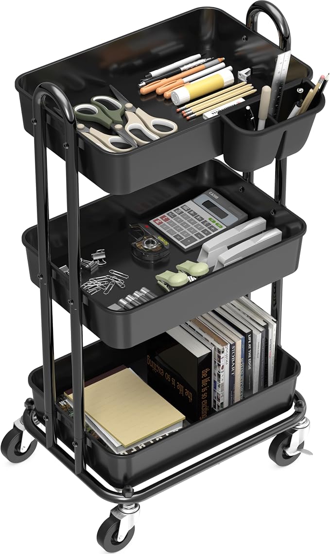 Simple Houseware 3-Tier Rolling Utility Cart with Hanging Bucket, Black | Storage for Bathroom, Kitchen, Office, Study Room, Nursery Diaper - Image 2