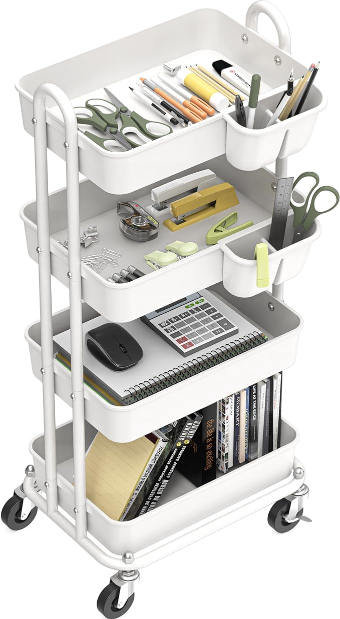Simple Houseware 4-Tier Rolling Utility Cart with Hanging Bucket, White | Storage for Bathroom, Kitchen, Office, Study Room, Nursery Diaper - Image 2