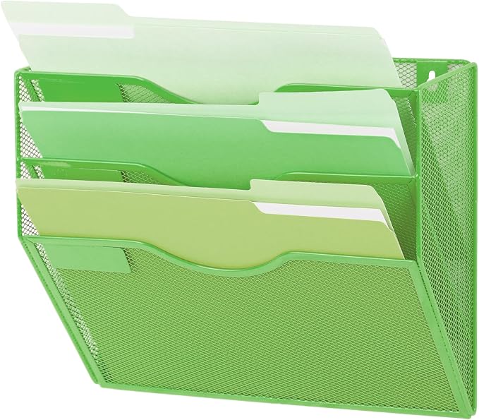 3 Pocket Mesh Hanging Wall File Organizer, Wall Mounted Mail Paper Document Folder Holder, Clipboard Storage Organization Magazine Rack with Nametag Label for Office Home School, Green by EASEPRES