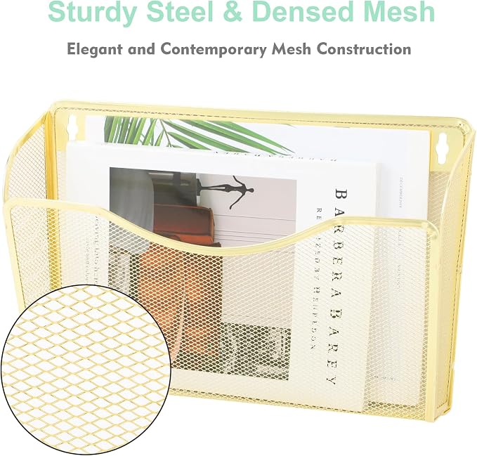 3 Single Pocket Mesh Hanging File Organizer, Vertical Wall Mounted Magazine File Holder, Mount Basket Mail Paper Document Folder Organizing for Office, Home and School, Gold - Image 4