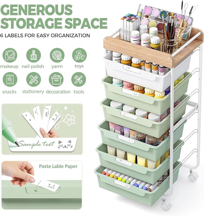Rolling Craft Storage Cart with 6 Drawers, Art Cart,Green | Utility Cart with Wooden Top, for Craft Room, Kids Art Station, Sewing Storage, Space-Saving for Home Office & Bedroom - Image 4
