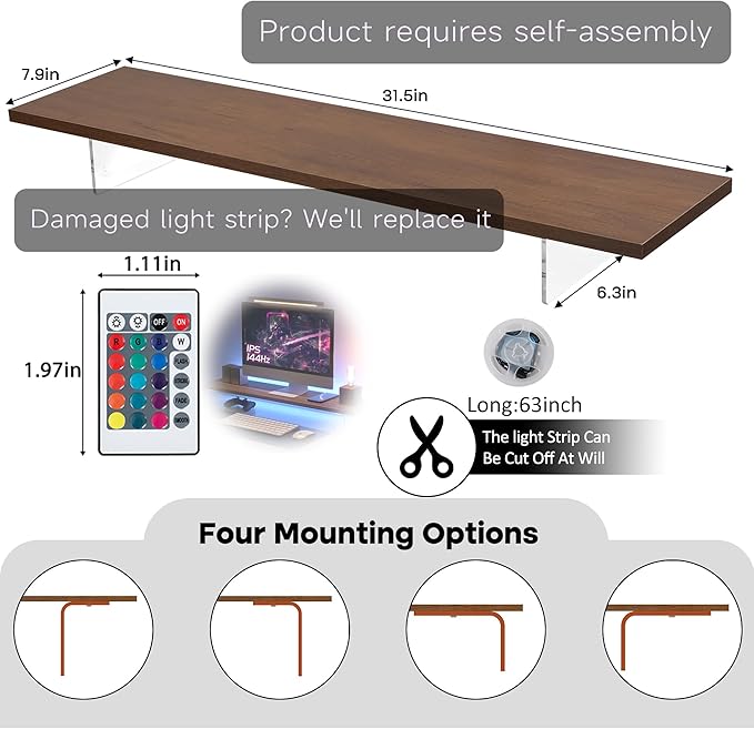 Monitor Stand Riser,Wood & Acrylic Computer Monitor Stand with LED Strip Light,Desk Accessories Desktop Organizer Stand for Computer,Laptop,Printer,PC & TV Screen - Image 2