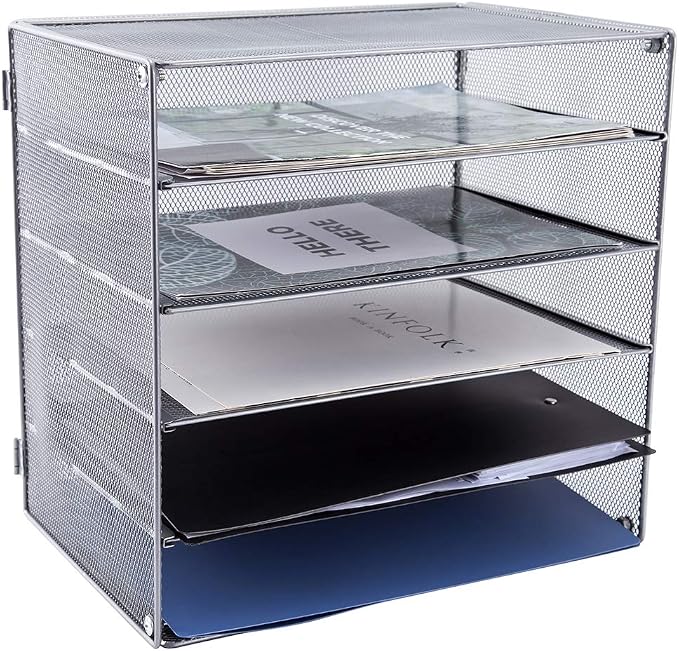 5 Slot Mesh Desk Organizer Tray, File Paper Letter Folder Holder Desktop Paper Sorter Mail Organization Rack Storage Accessories, for Office Home School Classroom, Silver - Image 2
