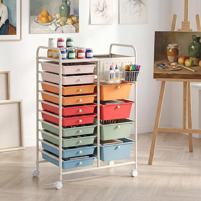 GOFLAME 14-Drawer Rolling Storage Cart with Pegboard, Craft Storage Cart with Lockable Wheels and Metal Frame, Art Cart Supply Storage Organizer for Home Office Classroom, Macaron Color - Image 2