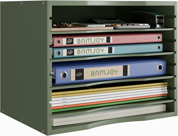 Bamjoy Bamboo 5 Tier Desktop Organizer, Paper Organizer Mail Sorter, File Holder Letter Document Storage with Adjustable Shelves for School Home Office, Forest Green by Bamjoy