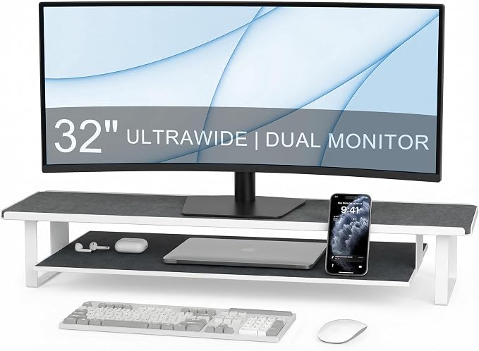 Dual Monitor Stand Riser, 31.5 Inch Extra Wide Thick Heavy Duty Carbon Steel 2 Tier Desktop Organizer with Pull Out Layered Shelf,for Home Office Gaming Curved Monitors by ERGOCOLLECT