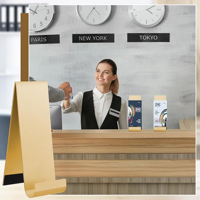 Yaocom 4 Pcs Metal Fancy Brochure Holder Display Flyer Brochure Holder Stand Table Vertical Countertop Literature Organizer for Booklets Pamphlet Magazine Menu Journals(Gold) - Image 5