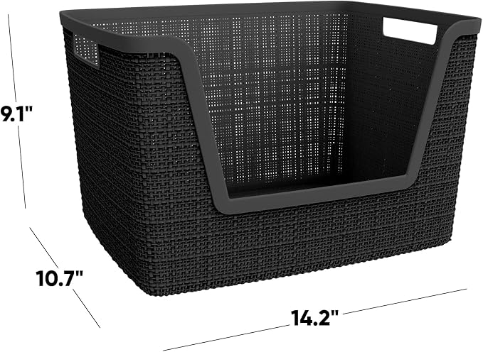 Curver Set of 4 Large 18L Easy Access Jute Decorative Plastic Organization and Storage Baskets - Perfect Bins for Home Office, Closet Shelves, Kitchen Pantry and All Bedroom Essentials, Black - Image 2