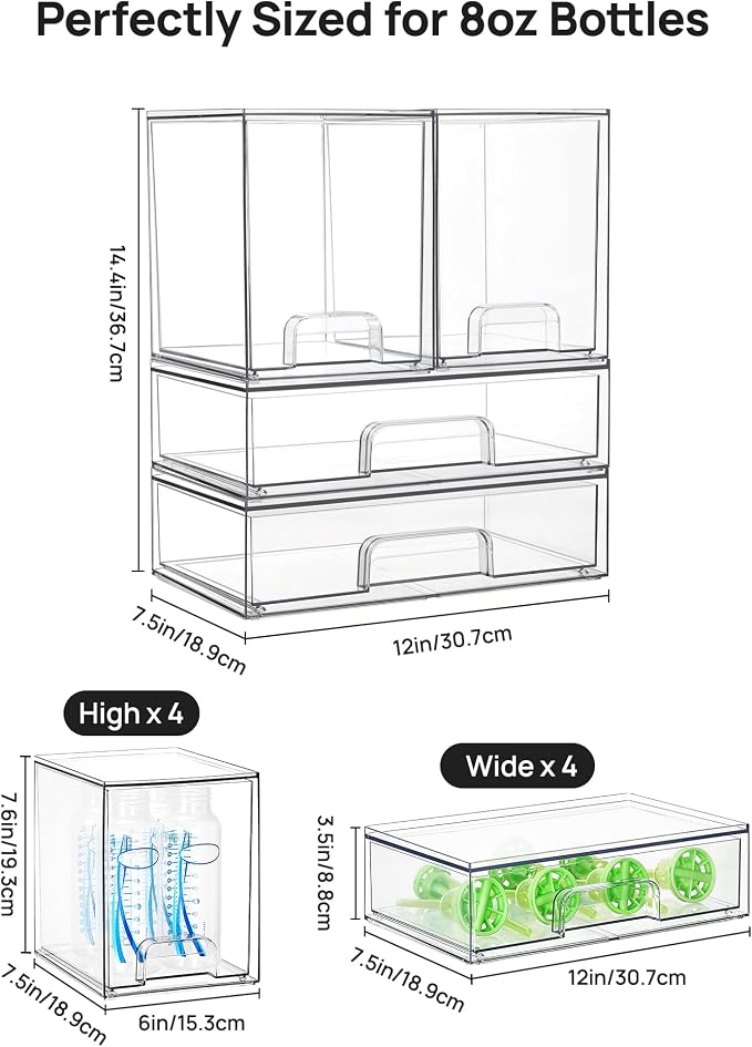 Vtopmart 8 Pack Stackable Storage Drawers Set, Clear Plastic Organizer Bins for Baby Bottle, Beauty Supplies Storage, Ideal for Kichen Countertop, Vanity, Bathroom, Cabinet, Pantry Organization - Image 2