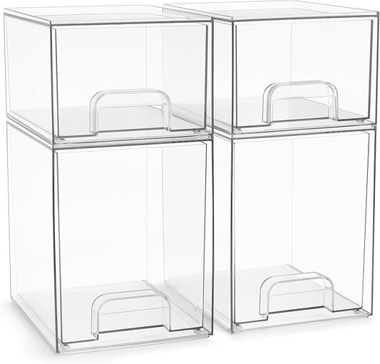 Sorbus Acrylic Storage Containers - 4 Pack, Stackable Storage Bins Set for Bathroom Organization - Clear Acrylic Drawer Organizers - Makeup Case Pull-Out Drawers (7.6’’ and 4.4’’ Tall) by Sorbus