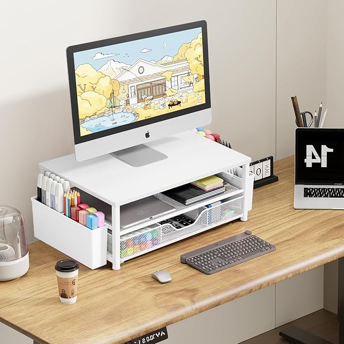 Desk Organizers and Accessories, Computer Monitor Stand Riser with Drawer and 2 Pen Holders, Printer & Laptop Stand, Office Desk Accessories & Workspace Organizers for Home Office Supplies, White Wood - Image 3