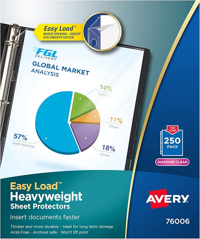 Avery® Diamond Clear Heavyweight Sheet Protectors, Easy Load, 250 Document Protectors (76006) | Top Loading Design | Polypropylene Construction | Prepunched Binder Holes | Archival Safe Storage | Nonstick Finish by Avery