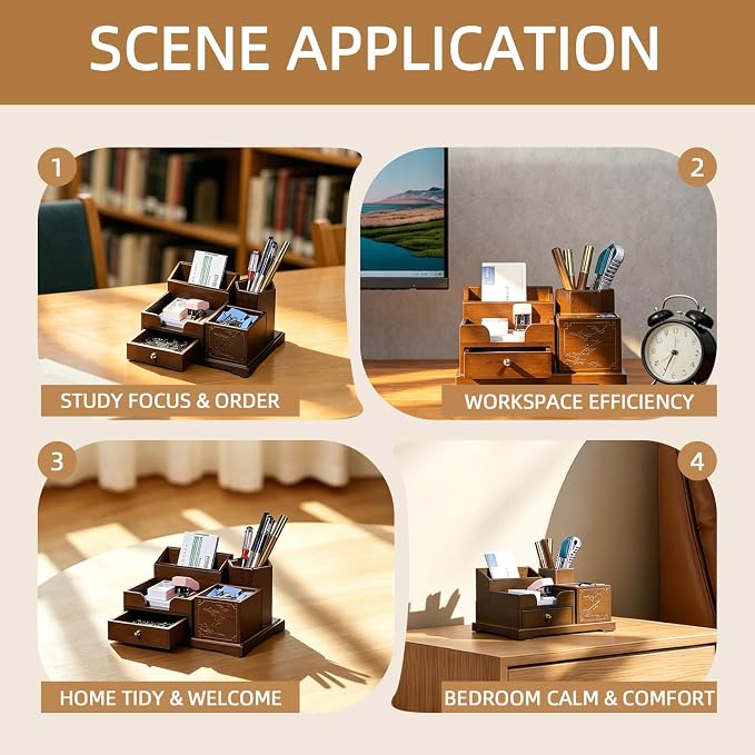 Bamboo Desk Organizer with Drawer, Wood Pen Holder & Card Slot, Brown | Desktop Storage Caddy, Office & Home | Natural Solid Bamboo, No Assembly, Non-Slip Base | Multi-Compartment, Ready to Use - Image 5