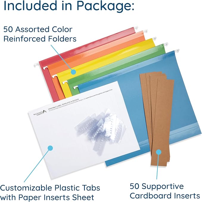Blue Summit Supplies 50 Expandable Hanging File Folders, 2", Assorted | Letter size, 11pt, 2 in expansion, reinforced, tabs included, for bulky files, charts, and manuals - Image 2