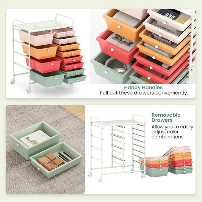 Giantex 12 Drawer Rolling Cart with Drawers, Storage Organizer Cart for Classroom Office School Teacher, Mobile Drawer Cart for Tools, Crafts, Small Printer, Macaron Multicolor - Image 5