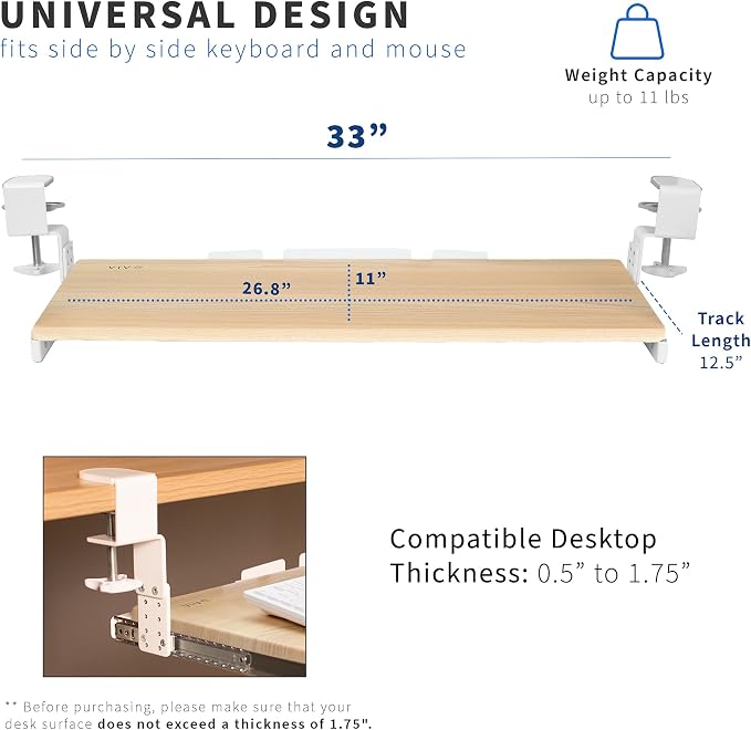VIVO Large Height Adjustable Under Desk Keyboard Tray, C-clamp Mount System, 27 (33 Including Clamps) x 11 inch Slide-Out Platform for Typing, Light Wood, MOUNT-KB05HA - Image 4