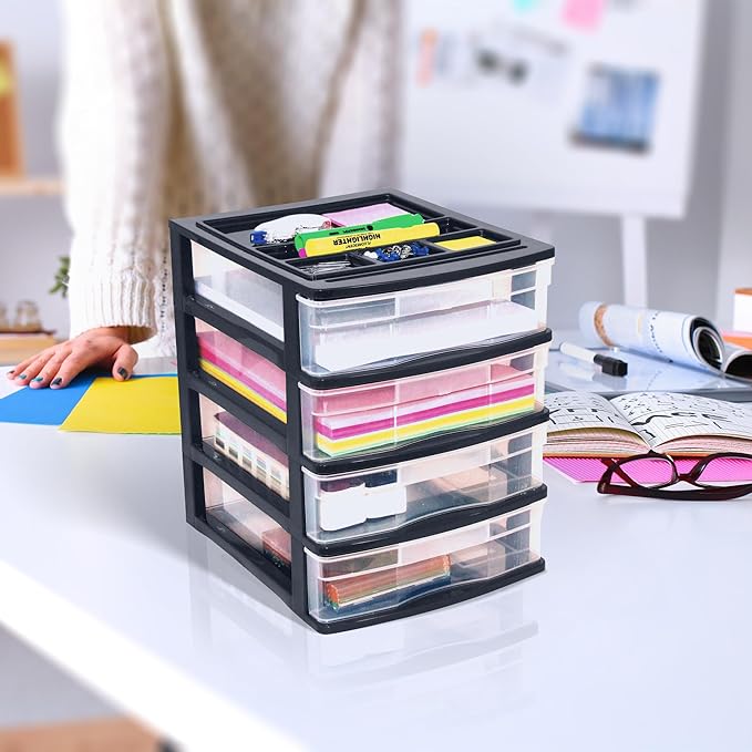 Gracious Living 4 Drawer Desktop & Countertop Organizer w/Organization Lid for Craft Storage, Office Supplies & School Supplies, Black/Clear (2 Pack) - Image 2
