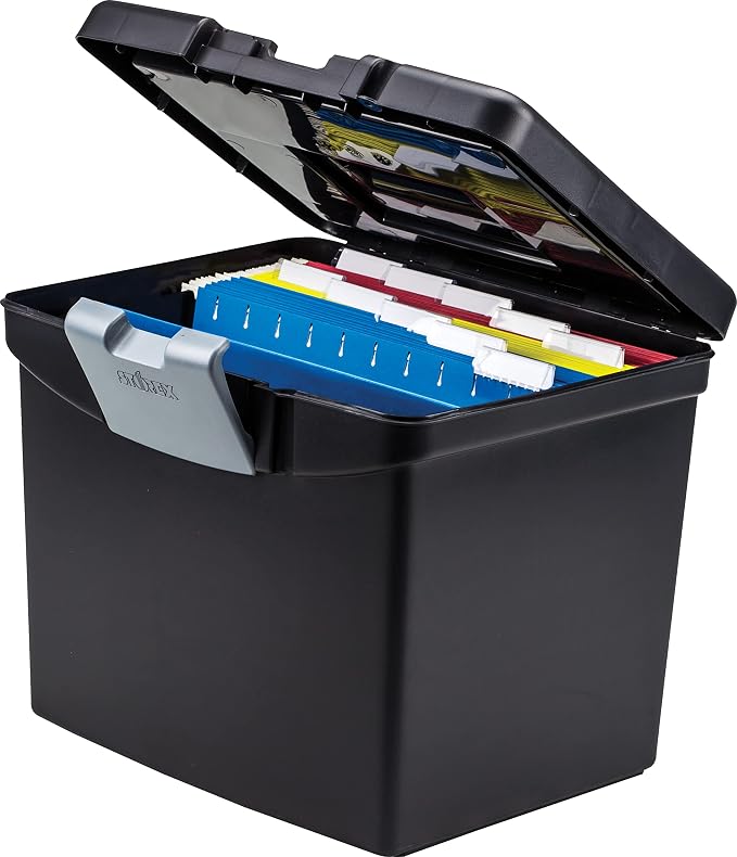 Storex Portable File Box with Organizer Lid – Plastic Office File Storage Box for Letter Paper and Hanging Folders, Obsidian, 1-Count (61504C01C) - Image 7