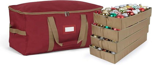 Covermates Keepsakes Adjustable Ornament Storage Bag – Heavy-Duty Polyester, Padded Dividers & FlexGrid Trays – Protective Holiday Ornament Organizer with Handles & Label Window, Red by Covermates