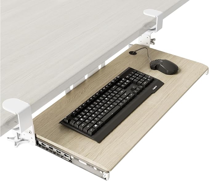 Keyboard Tray Under Desk Pull Out with Extra Sturdy C Clamp Mount System, 27.3 (32.5 inch Including Clamps) x 11 Inch Slide-Out Platform Computer Drawer for Typing Grain by 1