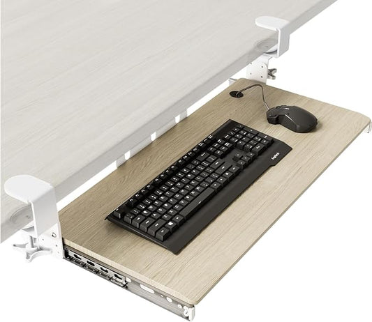 Keyboard Tray Under Desk Pull Out with Extra Sturdy C Clamp Mount System, 27.3 (32.5 inch Including Clamps) x 11 Inch Slide-Out Platform Computer Drawer for Typing Grain by 1