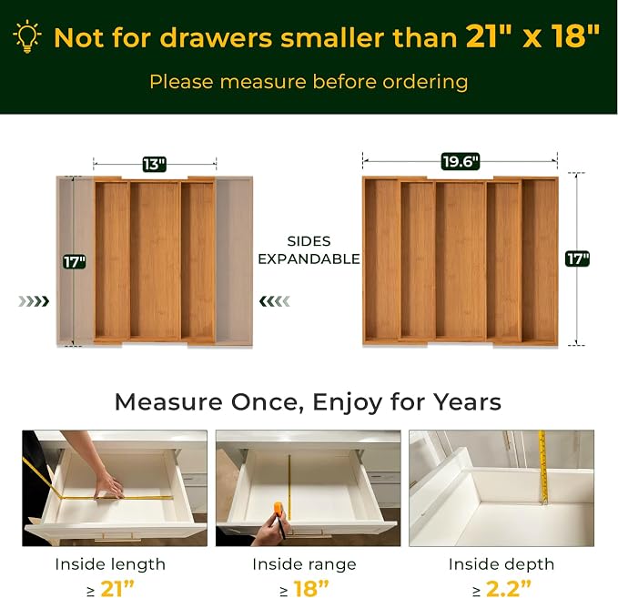 Carbonized Bamboo Kitchen Drawer Organizer, 5 Slots Expandable Silverware Organizer, Utensil Holder & Cutlery Tray, 2.2" Deep for Extra Capacity, Non-Slip Feet Included. - Image 2