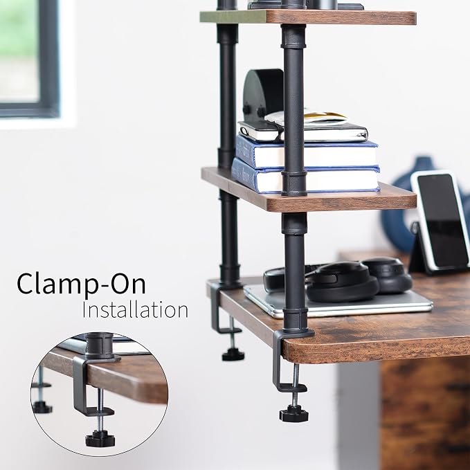 VIVO Clamp-on Premium 24 inch Industrial Pipe 2-Tier Tabletop Shelving, Heavy Duty Desk Extension Organizer, Modern Desktop Display Shelf, Rustic Vintage Brown Shelves, DESK-SHELF24-2N - Image 5