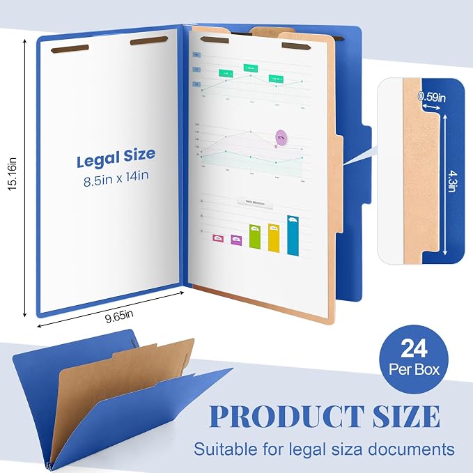 AmazingSpark 18 Pcs Legal Size Classification Folders Bulk 1 Divider Pressboard File Folder with Expansion 2 Prongs Fastener Heavy Duty Office File Organizer for School Hospitals Home (Dark Blue) - Image 2