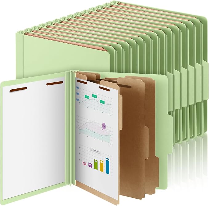 AmazingSpark 48 Pcs Classification Folder Letter Size Bulk, 3 Divider Pressboard File Folder with Expansion 2 Prong Fastener Heavy Duty Office File Organizer for School Medical Document(Light Green) by Unknown