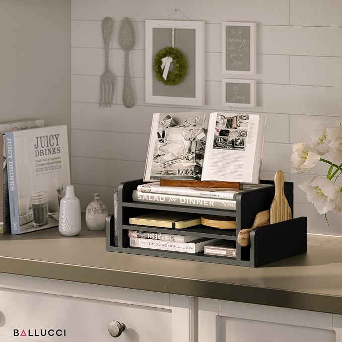 Ballucci 3-Tier Desk Organizer with 2 Side Mail Sorter Slots, Wood Letter Tray, Open Top Paper Organizer, Desktop File Organizer, Black - Image 7