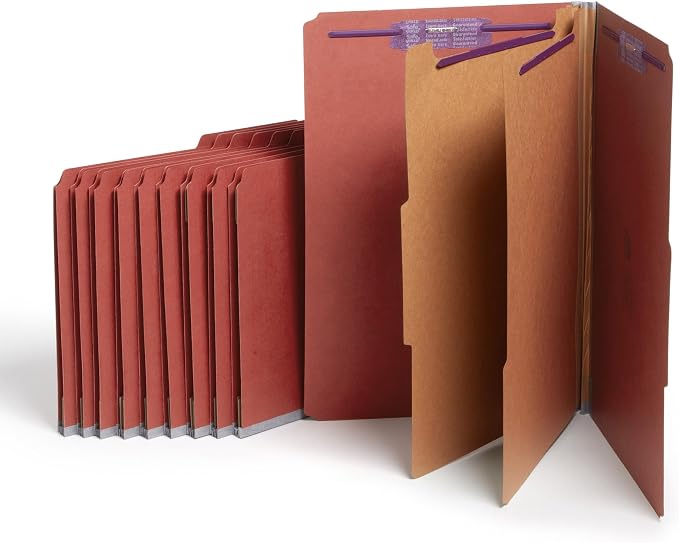Smead Pressboard Legal Size File Folders with SafeSHIELD Fasteners, 2 Dividers, 2" Expansion, Office Folders, Paper Holder, Red, 10 per Box (19075) by SMEAD