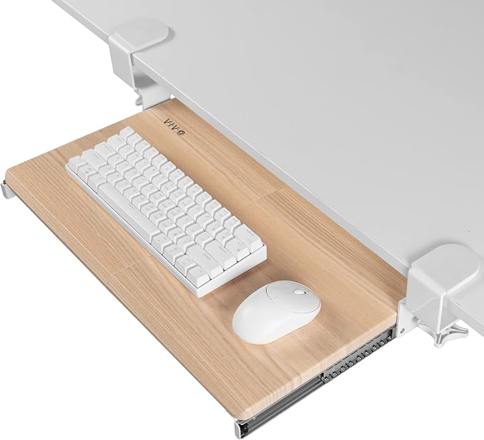 VIVO Small Clamp-on Computer Keyboard and Mouse Under Desk Slider Tray, 20 x 11 inch Pull Out Platform Drawer, Light Wood, MOUNT-KB05ES-A | Keyboard Tray for Typing, Slide Out Platform, Extra Sturdy C-Clamp Mount System, Computer Drawer, White Frame by Unknown