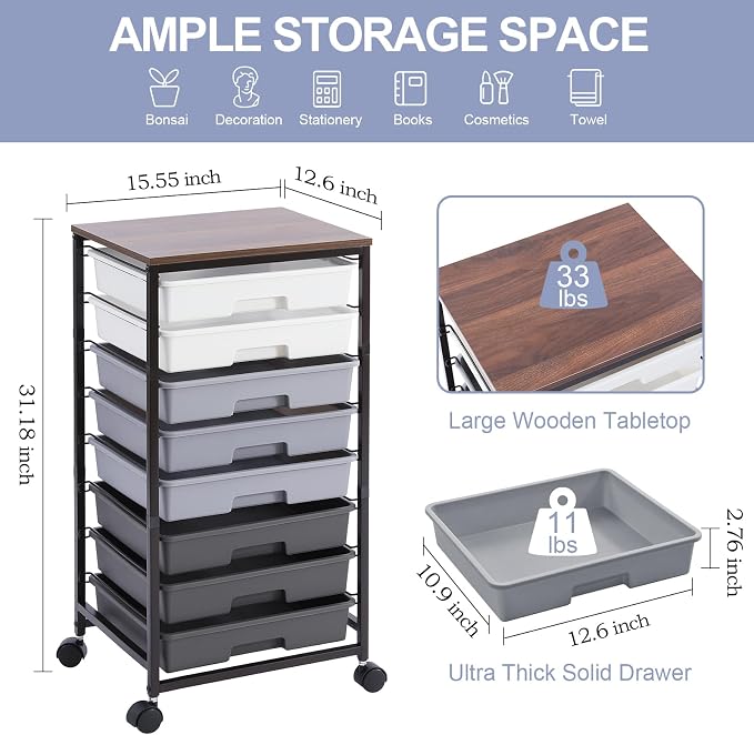 SYKIARIOL Rolling Cart with Drawers,8 Drawers Utility Cart,Grey Gradient | Craft Organizers and Storage with Wooden Tabletop for Living Room,Classroom,Bedroom,Bathroom,Dorm,Office - Image 2