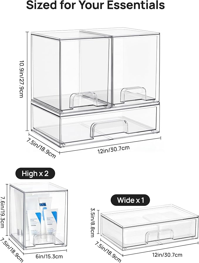 Vtopmart Stackable Storage Drawers Set of 3, Clear Plastic Organizer Bins for Bathroom Supplies, Ideal for Cabinet,Shelf, Pantry, Laundry Room Organization - Image 2