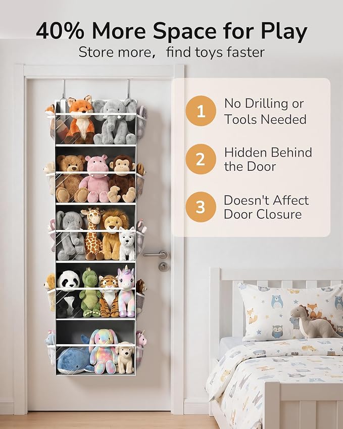ULG Stuffed Animal Organizer Over the Door, Large Hanging Plush Toy Storage with Mesh Window, Cotton Kids Toy Organizer for Bedroom, Nursery, Playroom & Baby Items Dark Grey - Image 5