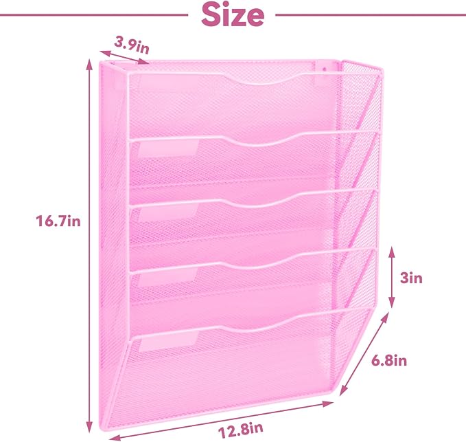 5 Pockets Mesh Wall File Holder Organizer Office Hanging File Folder Magazine Rack, Nametag Label Hooks Set Included (Pink) - Image 2